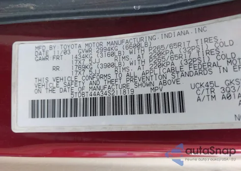 2004 Toyota Sequoia Sr5 V8 из США, поврежденный, VIN 5TDBT44A34S211819